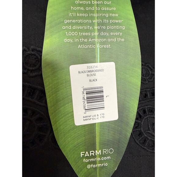 Farm Rio Cotton Embroidered Puff Sleeve Blouse Black Boho sz Large NWT - Picture 9 of 11